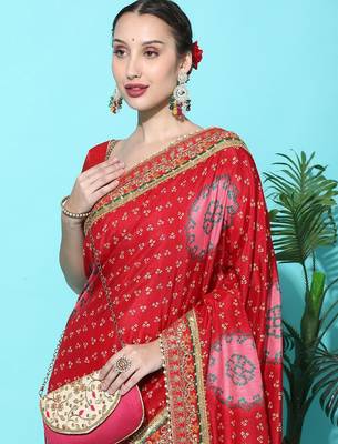pink pink & red bandhani embroidered dola silk half and half bandhani saree 4