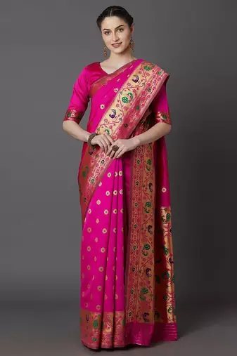 pink pink & green ethnic motifs zari silk blend banarasi saree