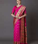 pink pink & green ethnic motifs zari silk blend banarasi saree