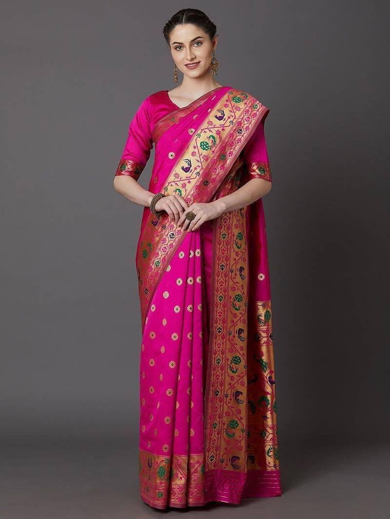 pink pink & green ethnic motifs zari silk blend banarasi saree