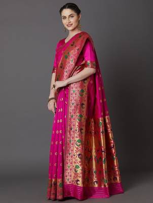 pink pink & green ethnic motifs zari silk blend banarasi saree 2