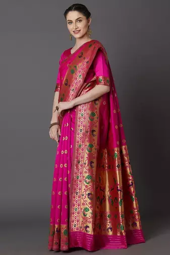 pink pink & green ethnic motifs zari silk blend banarasi saree