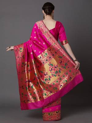 pink pink & green ethnic motifs zari silk blend banarasi saree 3