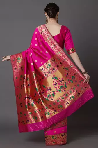 pink pink & green ethnic motifs zari silk blend banarasi saree