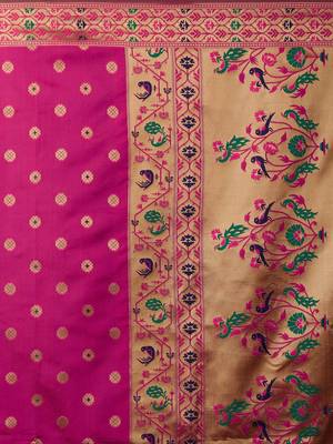 pink pink & green ethnic motifs zari silk blend banarasi saree 4