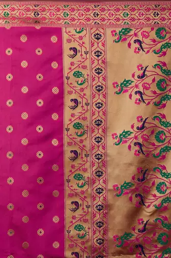 pink pink & green ethnic motifs zari silk blend banarasi saree
