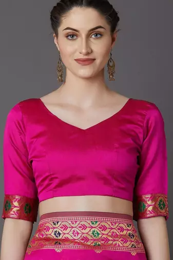 pink pink & green ethnic motifs zari silk blend banarasi saree
