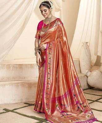 orange woven design zari tissue paithani saree 1