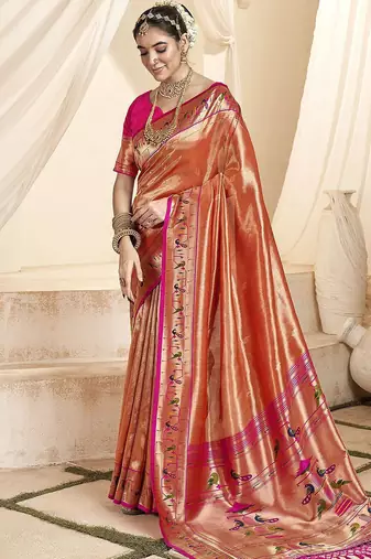 orange woven design zari tissue paithani saree