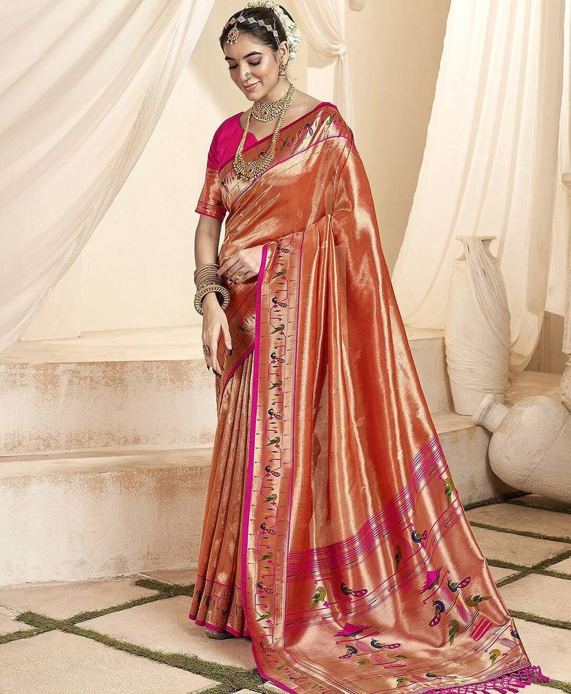 orange woven design zari tissue paithani saree
