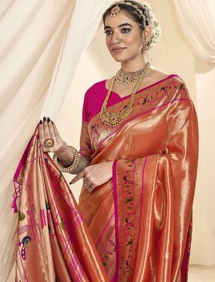 orange woven design zari tissue paithani saree 2