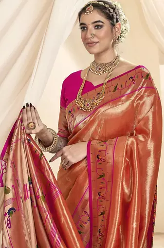 orange woven design zari tissue paithani saree