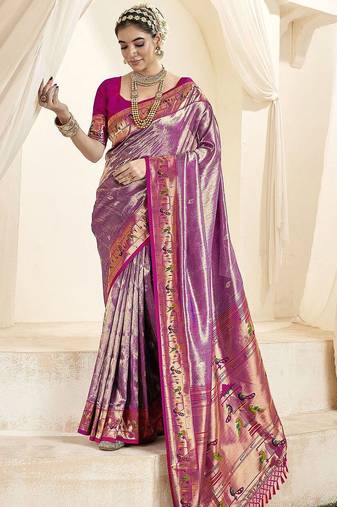 violet woven design zari tissue heavy work paithani saree