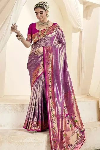 violet woven design zari tissue heavy work paithani saree