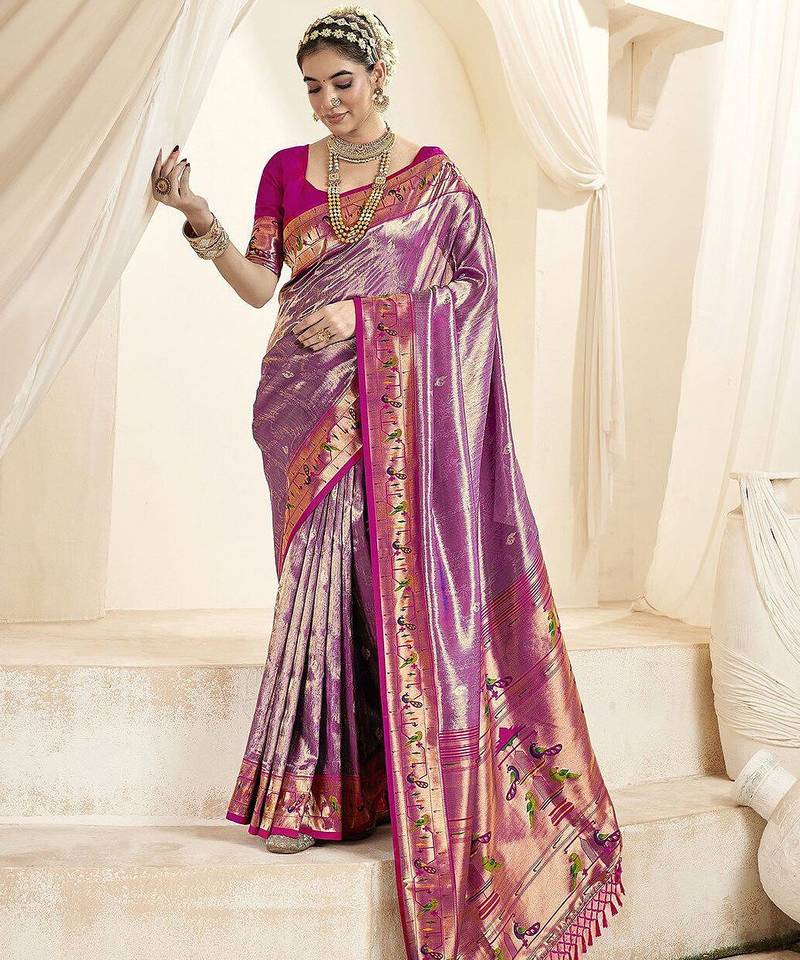 violet woven design zari tissue heavy work paithani saree