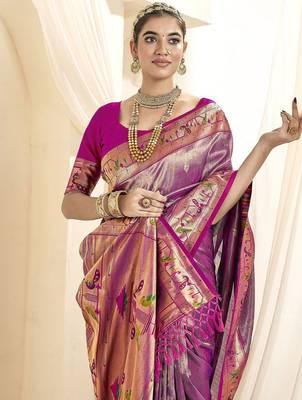 violet woven design zari tissue heavy work paithani saree 2