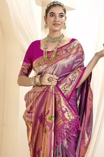 violet woven design zari tissue heavy work paithani saree