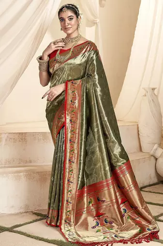 green woven design zari tissue heavy work paithani saree