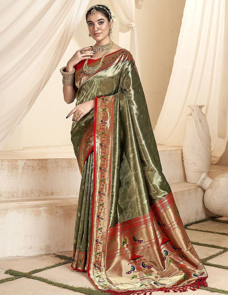 green woven design zari tissue heavy work paithani saree