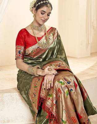 green woven design zari tissue heavy work paithani saree 2