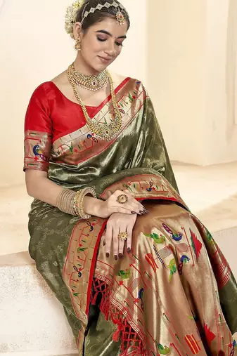 green woven design zari tissue heavy work paithani saree