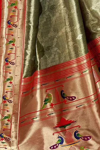 green woven design zari tissue heavy work paithani saree