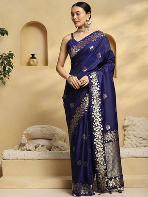 navy_blue ethnic motifs  embellished woven design banarasi silk saree with blouse 1