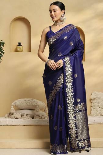navy_blue ethnic motifs  embellished woven design banarasi silk saree with blouse