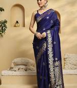 navy_blue ethnic motifs  embellished woven design banarasi silk saree with blouse