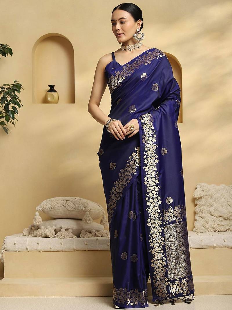 navy_blue ethnic motifs  embellished woven design banarasi silk saree with blouse