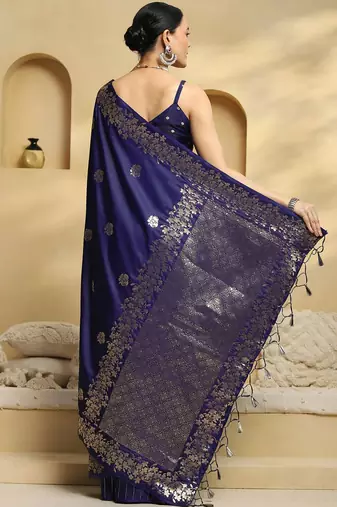 navy_blue ethnic motifs  embellished woven design banarasi silk saree with blouse