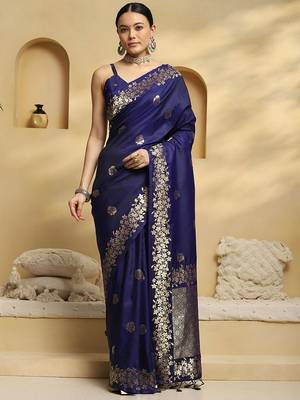 navy_blue ethnic motifs  embellished woven design banarasi silk saree with blouse 3