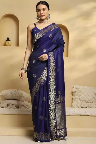 navy_blue ethnic motifs  embellished woven design banarasi silk saree with blouse