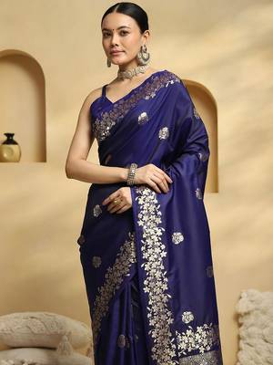navy_blue ethnic motifs  embellished woven design banarasi silk saree with blouse 4
