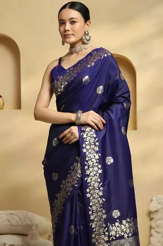 navy_blue ethnic motifs  embellished woven design banarasi silk saree with blouse