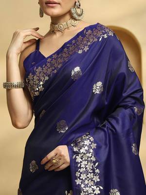navy_blue ethnic motifs  embellished woven design banarasi silk saree with blouse 5