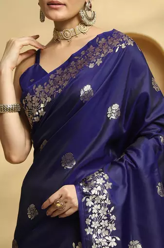 navy_blue ethnic motifs  embellished woven design banarasi silk saree with blouse