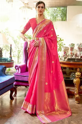 pink pink & golden floral zari silk blend banarasi saree