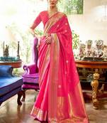 pink pink & golden floral zari silk blend banarasi saree