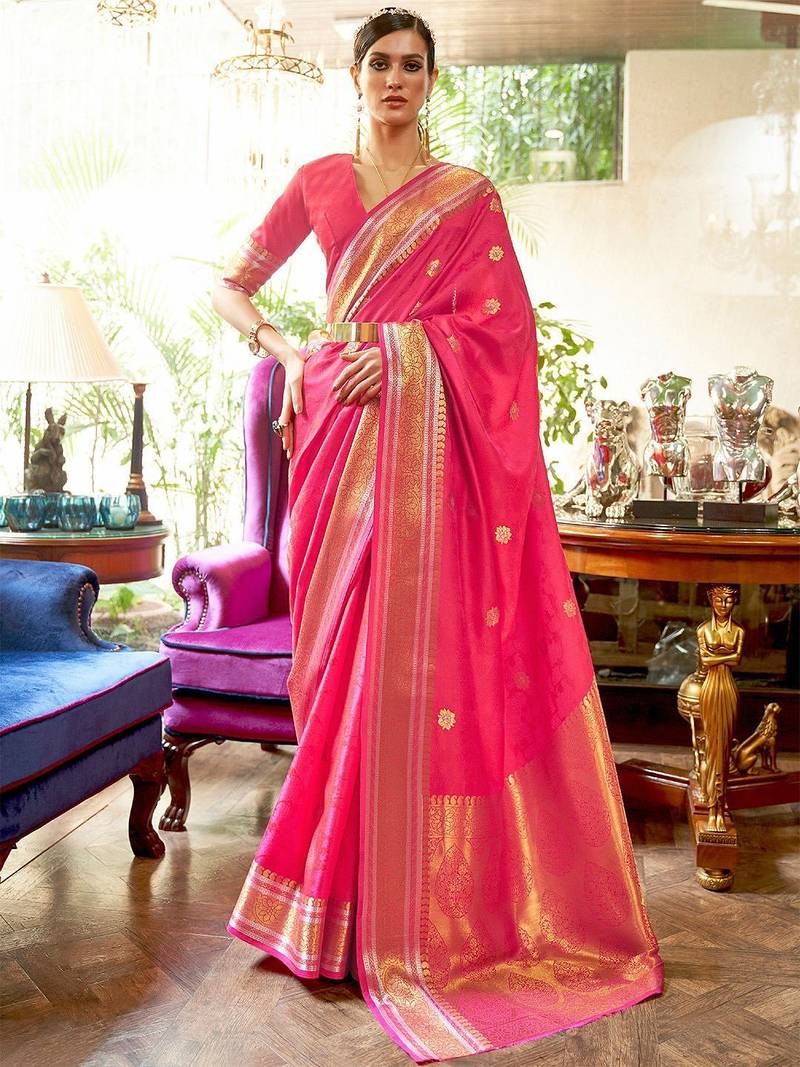pink pink & golden floral zari silk blend banarasi saree