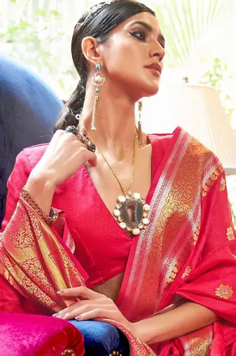 pink pink & golden floral zari silk blend banarasi saree