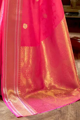 pink pink & golden floral zari silk blend banarasi saree