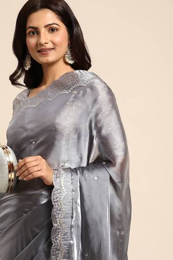 grey embellished beads and stones organza saree