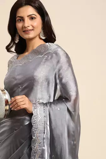 grey embellished beads and stones organza saree