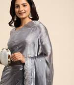 grey embellished beads and stones organza saree