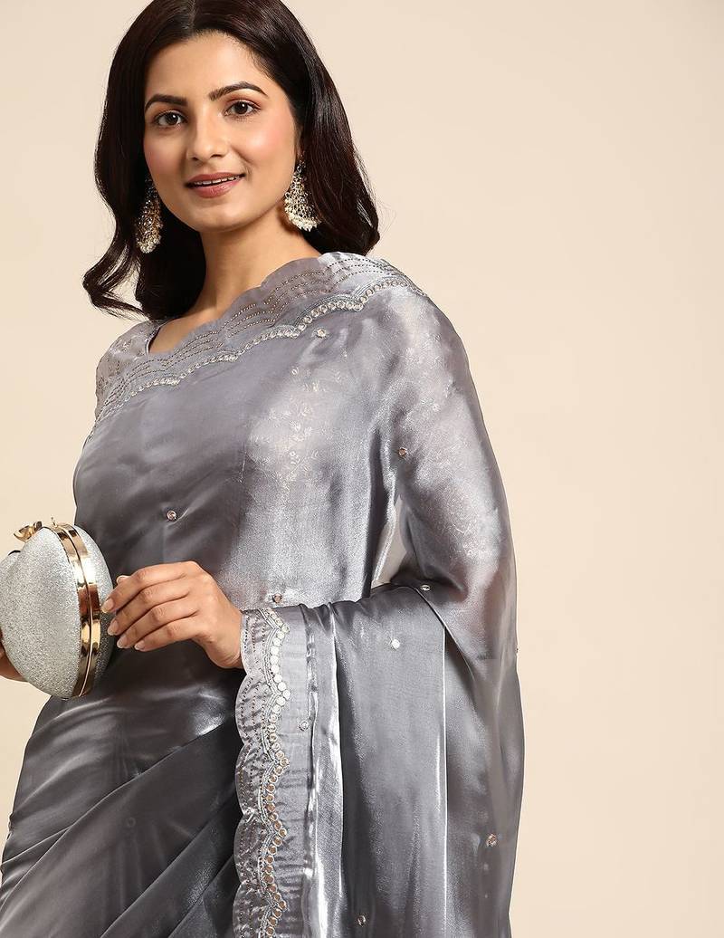 grey embellished beads and stones organza saree