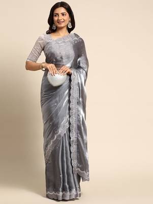 grey embellished beads and stones organza saree 2