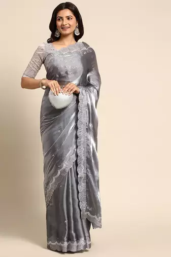 grey embellished beads and stones organza saree