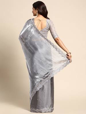 grey embellished beads and stones organza saree 3