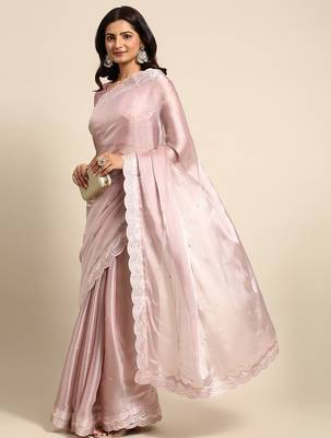 pink embellished sequinned organza saree 2